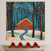 Red House in Snowy Forest with Golden Windows and Winding Path Beneath Falling Snowflakes and Starry Winter Sky on Ready to Hang 1.5" Thick Canvas Wrap, Floating Framed Canvas, Flat Rolled Canvas